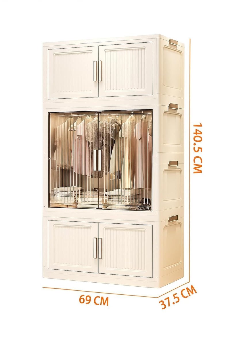 Ticoh 3-Door Plastic Wardrobe for Kids| Almirah and Wardrobe for Baby Clothes| Modular Storage Cabinet with Wheels| Kids Multi-Purpose Collapsible Wardrobe for Shoes/Books/Toy- White - Image 2