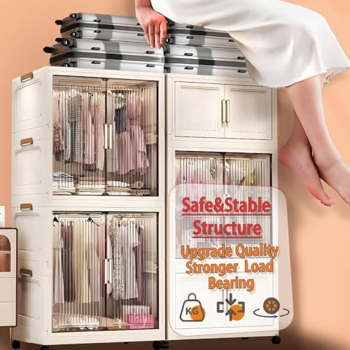 Ticoh 3-Door Plastic Wardrobe for Kids| Almirah and Wardrobe for Baby Clothes| Modular Storage Cabinet with Wheels| Kids Multi-Purpose Collapsible Wardrobe for Shoes/Books/Toy- White - Image 4