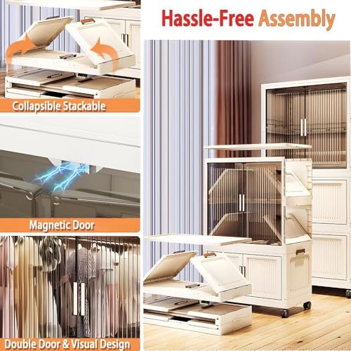Ticoh 3-Door Plastic Wardrobe for Kids| Almirah and Wardrobe for Baby Clothes| Modular Storage Cabinet with Wheels| Kids Multi-Purpose Collapsible Wardrobe for Shoes/Books/Toy- White - Image 3