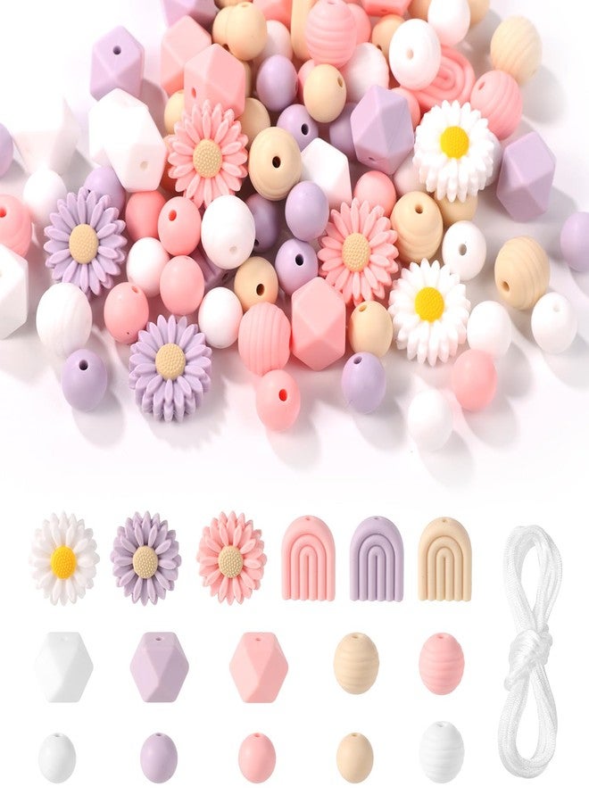 lasuroa Pack of 100 Flower-Shaped Silicone Beads, Daisies, Round Loose Silicone Beads, Craft Beads with Nylon Rope for DIY, Key Chains, Bracelets, Necklaces, Jewellery Making (4 Colours) - Image 1