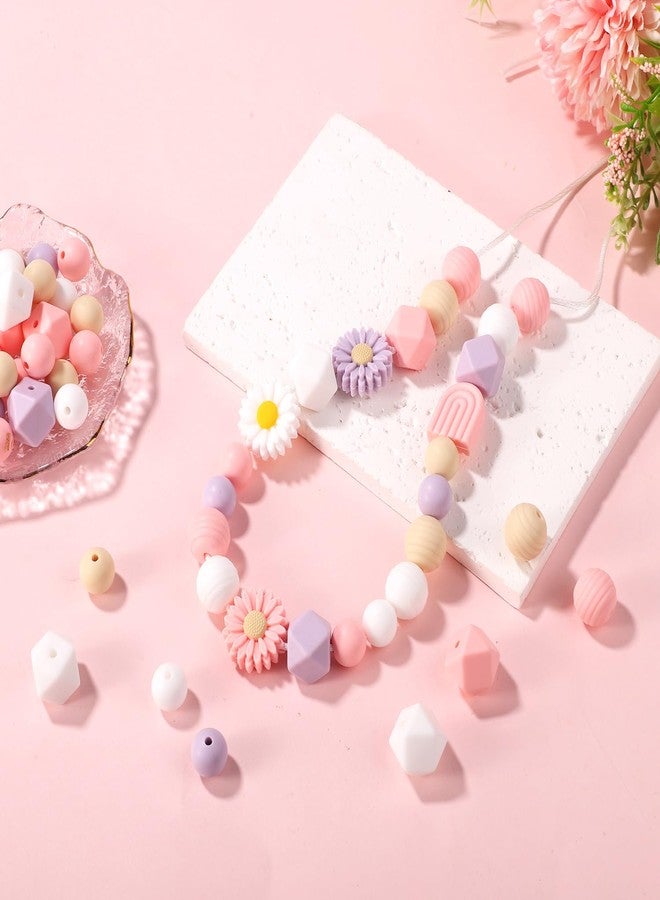 lasuroa Pack of 100 Flower-Shaped Silicone Beads, Daisies, Round Loose Silicone Beads, Craft Beads with Nylon Rope for DIY, Key Chains, Bracelets, Necklaces, Jewellery Making (4 Colours) - Image 3