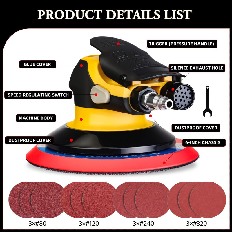 RYCUBRE Low noise 5/6 Inch DA Sander for Auto Body - Lightweight, Powerful random orbital air sanders, Noise Reduction Designâ€‹ pneumatic sander (6 inch with 12 pcs Sandpaper) - Image 2