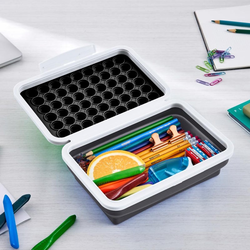 LockerMate by Bostitch Pencil Case, Flexi Storage Box with Pop-It Fidget Top Lid, Sensory Popper, for School Supplies, Pencils, Pens, Markers, Collapsible, Black/White - Image 2