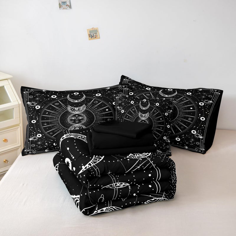 Bedbay Sun and Moon Comforter Set King Size Boho Hippie Bedding Trippy Cosmos Celestial Decor Soft Cozy Galaxy Bed Set 8 Pcs King Bed in a Bag Black and White Galaxy Comforter Set(White King) - Image 2