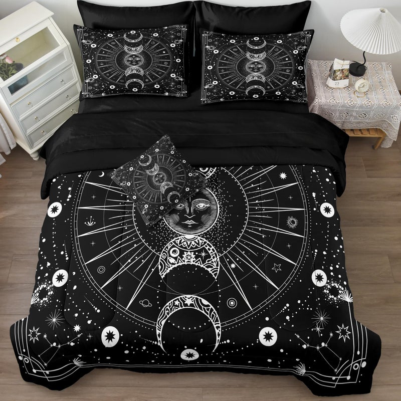 Bedbay Sun and Moon Comforter Set King Size Boho Hippie Bedding Trippy Cosmos Celestial Decor Soft Cozy Galaxy Bed Set 8 Pcs King Bed in a Bag Black and White Galaxy Comforter Set(White King) - Image 1