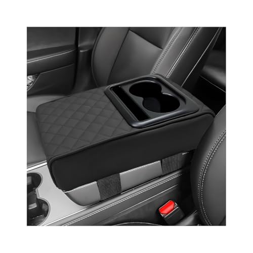 ZNDAW Car Center Console Armrest Pillow, 14"×8.3" Waterproof Leather Armrest Box Cover with Cup and Phone Holder, Soft Memory Foam Arm Rest Console Pad Protector for SUV Truck (Black, Embroidery) - Image 1