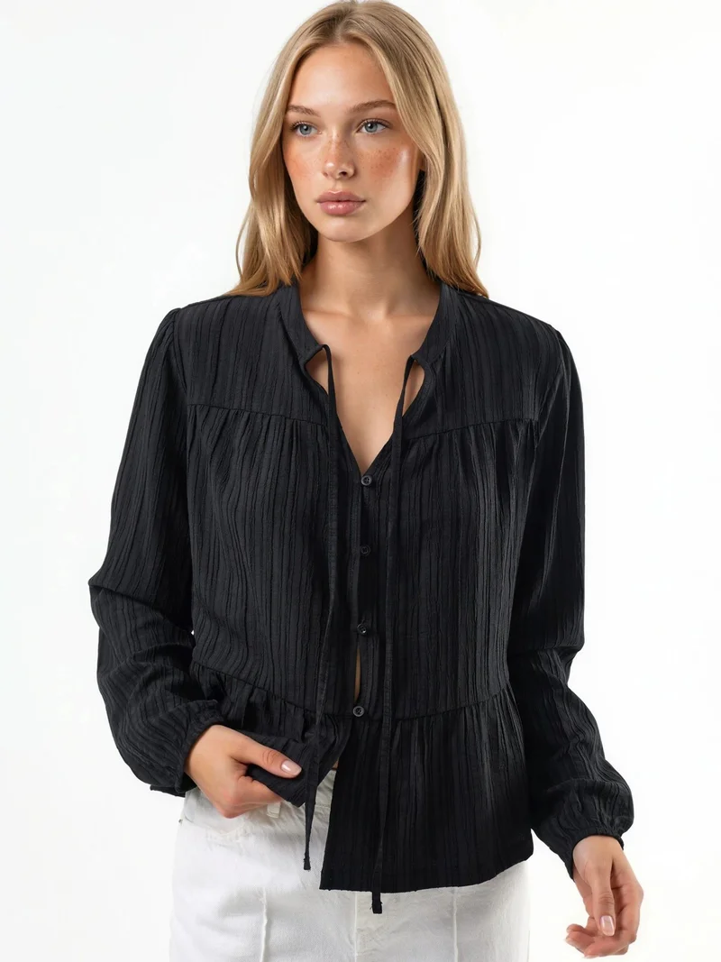 HICCUP Long Sleeve Tippet Collar Blouse