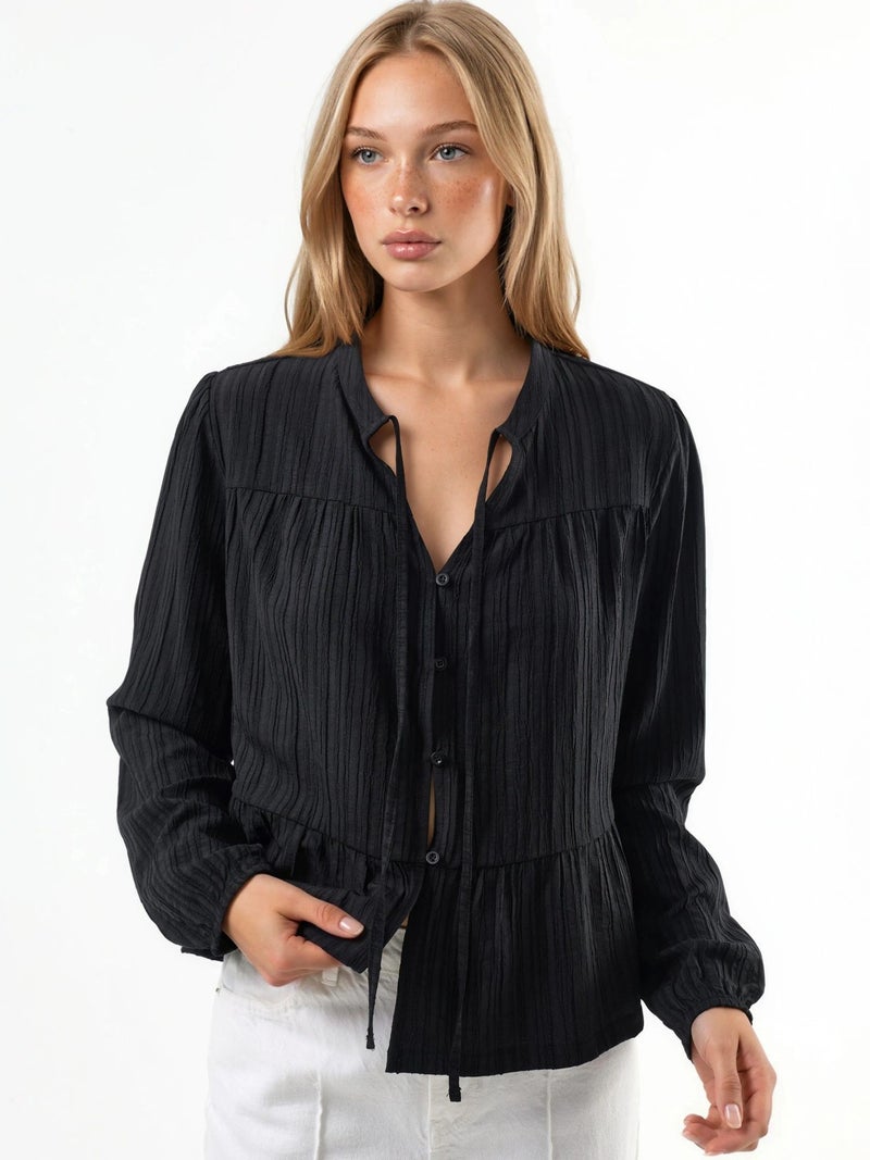 HICCUP Long Sleeve Tippet Collar Blouse - Image 1