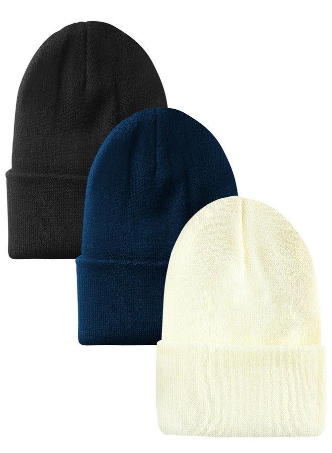 PFFY 3 Packs Unisex Beanie Hats for Men Women Winter Cuffed Knitted Beanies Skull Cap Black+Blue+Beige - Image 1