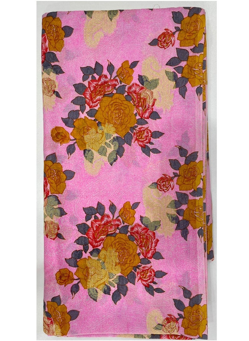 ANOHI TEXTILES - Banarasi Saree Silk Fabric Printed Flower Design Pink Color - Image 1