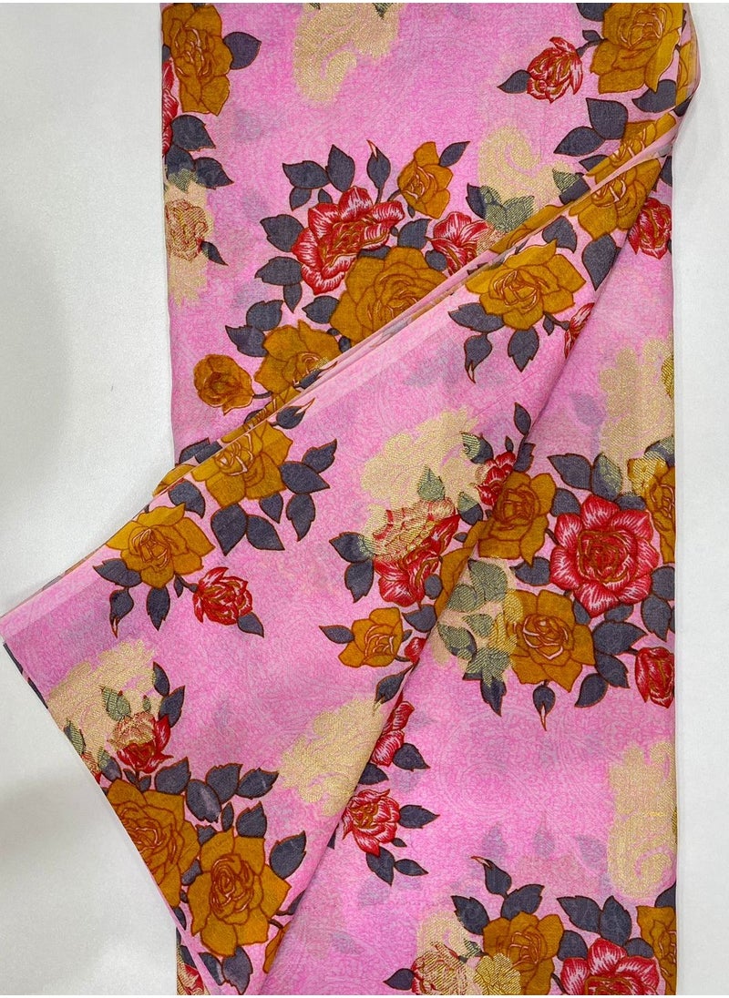 ANOHI TEXTILES - Banarasi Saree Silk Fabric Printed Flower Design Pink Color - Image 1