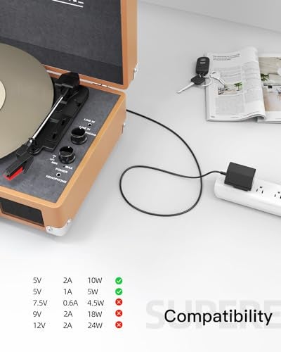 Superer DC 5V 1A Charger Fit for Victrola Record Player Power Cord for Vinyl Suitcase Turntable Player VSC-550BT VSC-550BT-BK Vintage 3-Speed Replacement FJ-SW0501500DU AC Adapter Supply - Image 2