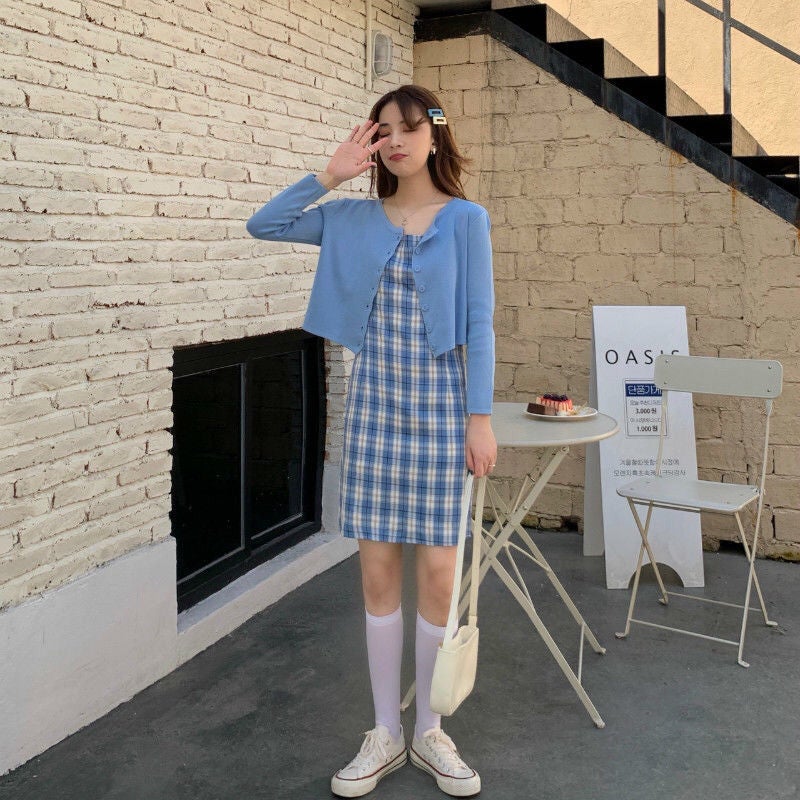 Plaid Dress Womens 2024 New Autumn Tight Waist Slimming Elegant Chanel Style Color-matching Strap Base Short Skirt 90 plaid skirt + Blue Coat
