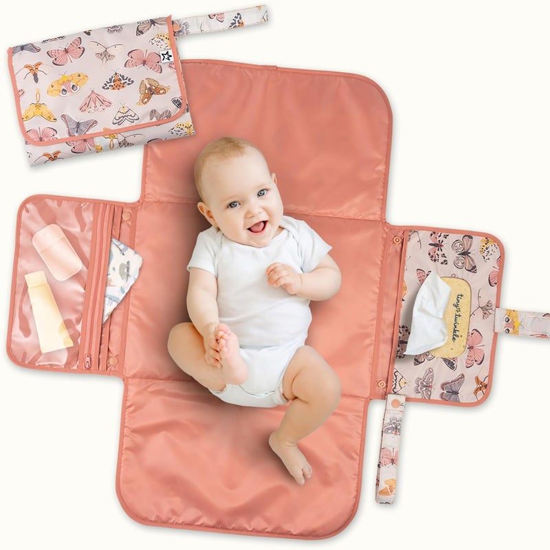 Tiny Twinkle Portable Diaper Changing Pad | Waterproof, Wipeable & Compact Baby Changing Pad for Travel | Smart Wipes Pocket & Organized Storage| Newborn Shower Gift (Flutter) - Image 1