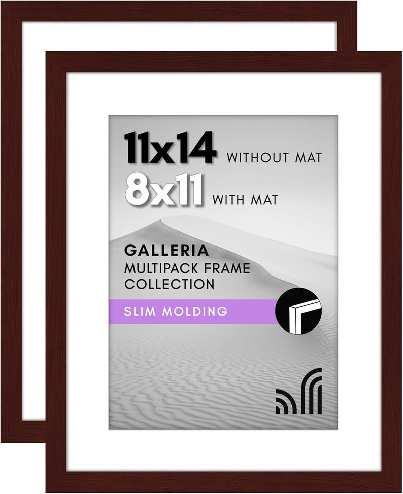 Americanflat 11x14 Picture Frame with Polished Plexiglass - Set of 2 - Use as 8x11 Frame with Mat or 11x14 Frame Without Mat - Galleria Collection - Photo Frames for Wall Display - Mahogany - Image 1