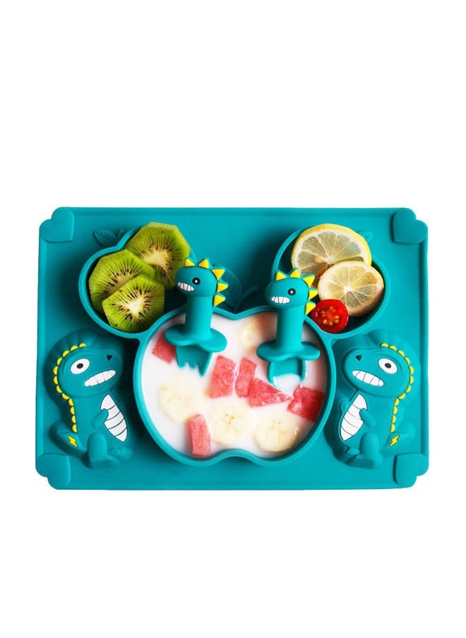 ZCM-HAPPY - 3 Piece Baby Silicone Bear Shaped Plate and Dino Spoon Set Fun Safe and Easy to Clean Suction Plates for Baby Feeding Toddler Plates with Deep Divided Sections for Self Feeding Cute Dinosaur Baby Silicone Plate Set Non Toxic Silicone Baby Dish Set - Image 1
