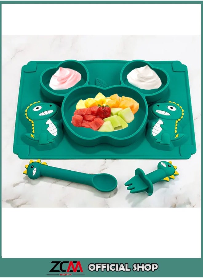 ZCM-HAPPY - 3 Piece Baby Silicone Bear Shaped Plate and Dino Spoon Set Fun Safe and Easy to Clean Suction Plates for Baby Feeding Toddler Plates with Deep Divided Sections for Self Feeding Cute Dinosaur Baby Silicone Plate Set Non Toxic Silicone Baby Dish Set - Image 1