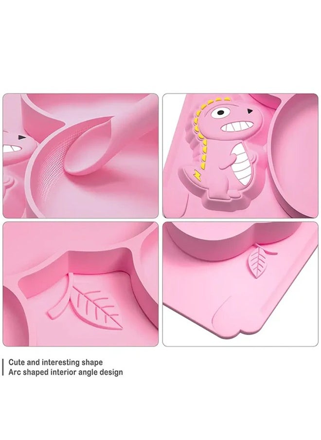 ZCM-HAPPY - 3 Piece Baby Silicone Bear Shaped Plate and Dino Spoon Set Fun Safe and Easy to Clean Suction Plates for Baby Feeding Toddler Plates with Deep Divided Sections for Self Feeding Cute Dinosaur Baby Silicone Plate Set Non Toxic Silicone Baby Dish Set - Image 1