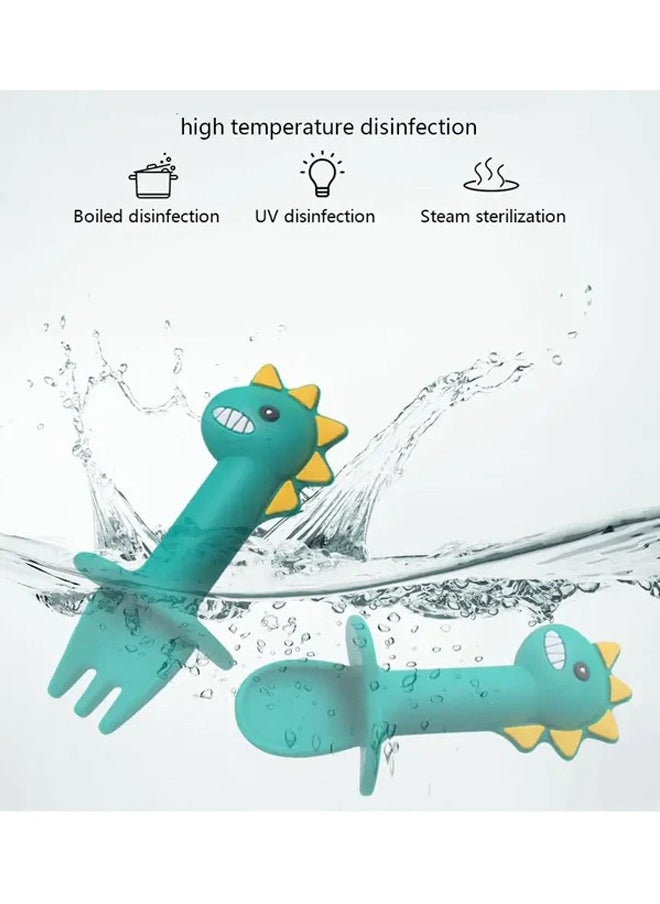 ZCM-HAPPY - 3 Piece Baby Silicone Bear Shaped Plate and Dino Spoon Set Fun Safe and Easy to Clean Suction Plates for Baby Feeding Toddler Plates with Deep Divided Sections for Self Feeding Cute Dinosaur Baby Silicone Plate Set Non Toxic Silicone Baby Dish Set - Image 1