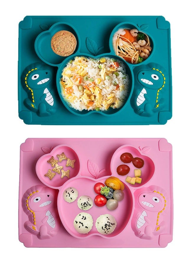 ZCM-HAPPY - 3 Piece Baby Silicone Bear Shaped Plate and Dino Spoon Set Fun Safe and Easy to Clean Suction Plates for Baby Feeding Toddler Plates with Deep Divided Sections for Self Feeding Cute Dinosaur Baby Silicone Plate Set Non Toxic Silicone Baby Dish Set - Image 1