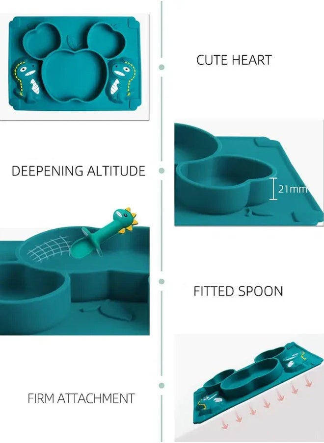 ZCM-HAPPY - 3 Piece Baby Silicone Bear Shaped Plate and Dino Spoon Set Fun Safe and Easy to Clean Suction Plates for Baby Feeding Toddler Plates with Deep Divided Sections for Self Feeding Cute Dinosaur Baby Silicone Plate Set Non Toxic Silicone Baby Dish Set - Image 1