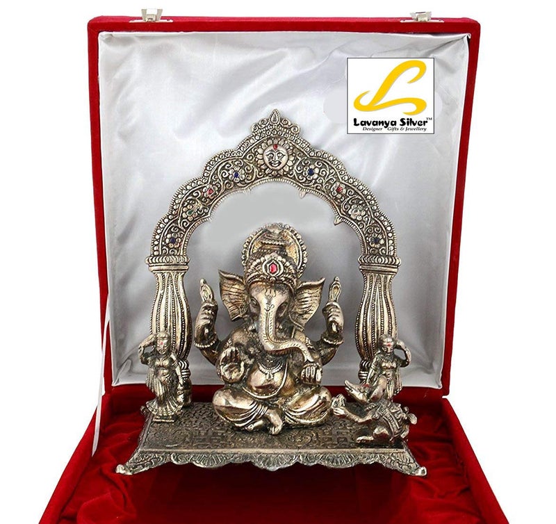 Lavanaya Silver Aluminium Ganesha Idol For Gift, 24cm, Silver White - Image 1