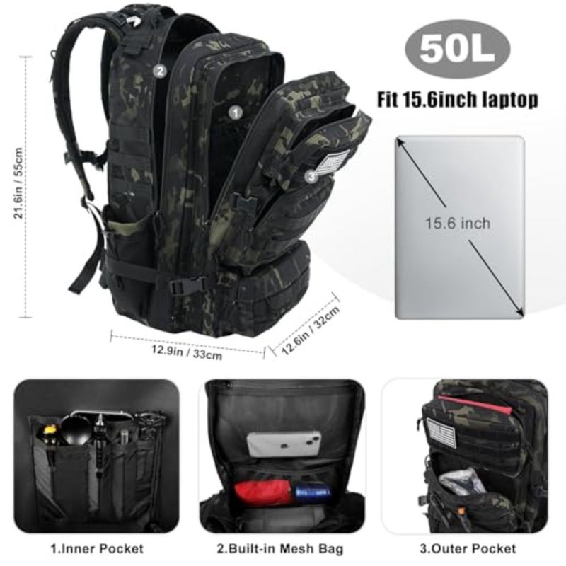 Military Tactical Backpack Large Day Backpack for Men Molle Army 3 Days Assault Pack Bug Out Bag Water Resistant and Heavy Duty Hiking Treeking Rucksack - Image 3