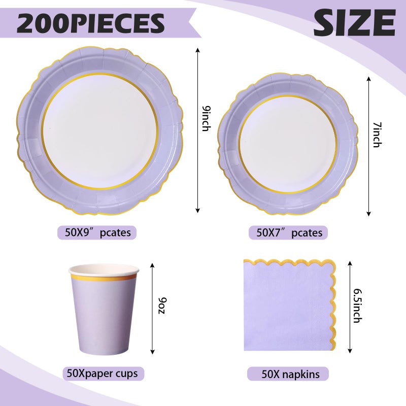 Tioncy 200 Pcs Disposable Paper Plates Cups and Napkins Party Supplies Serve 50 Guests Disposable Paper Scalloped Dinnerware Set for Birthday Wedding Baby Shower Family Picnic(Lavender Purple) - Image 2