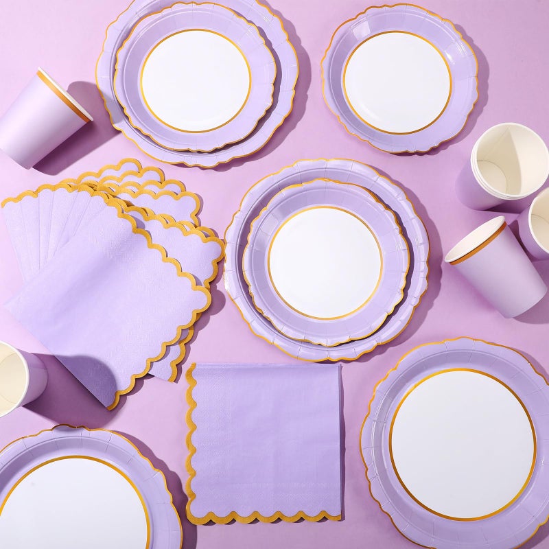 Tioncy 200 Pcs Disposable Paper Plates Cups and Napkins Party Supplies Serve 50 Guests Disposable Paper Scalloped Dinnerware Set for Birthday Wedding Baby Shower Family Picnic(Lavender Purple) - Image 3