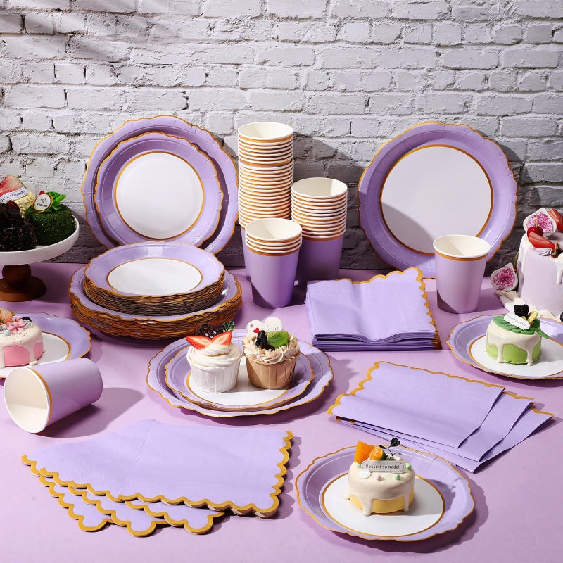 Tioncy 200 Pcs Disposable Paper Plates Cups and Napkins Party Supplies Serve 50 Guests Disposable Paper Scalloped Dinnerware Set for Birthday Wedding Baby Shower Family Picnic(Lavender Purple) - Image 4