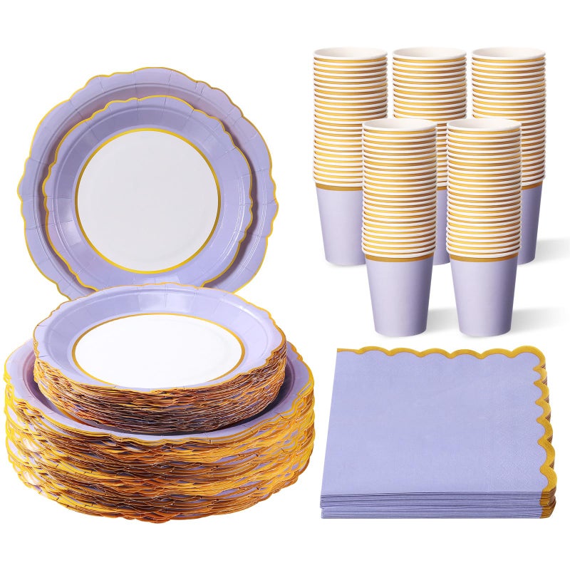 Tioncy 200 Pcs Disposable Paper Plates Cups and Napkins Party Supplies Serve 50 Guests Disposable Paper Scalloped Dinnerware Set for Birthday Wedding Baby Shower Family Picnic(Lavender Purple) - Image 1
