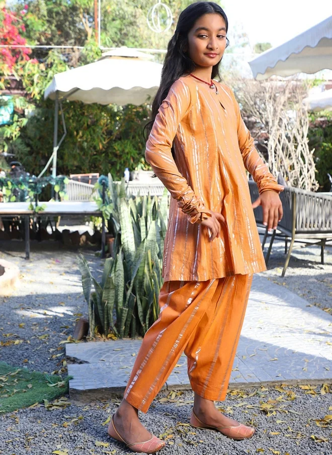 AKS Orange Striped Kurta Set for Girls