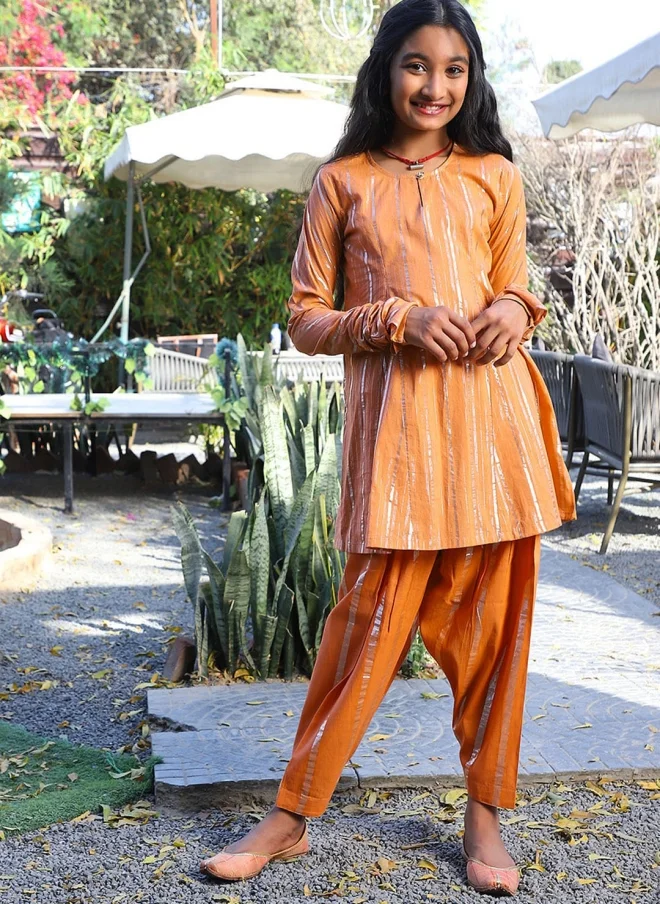 AKS Orange Striped Kurta Set for Girls