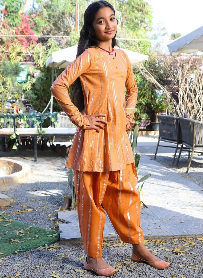 AKS Orange Striped Kurta Set for Girls