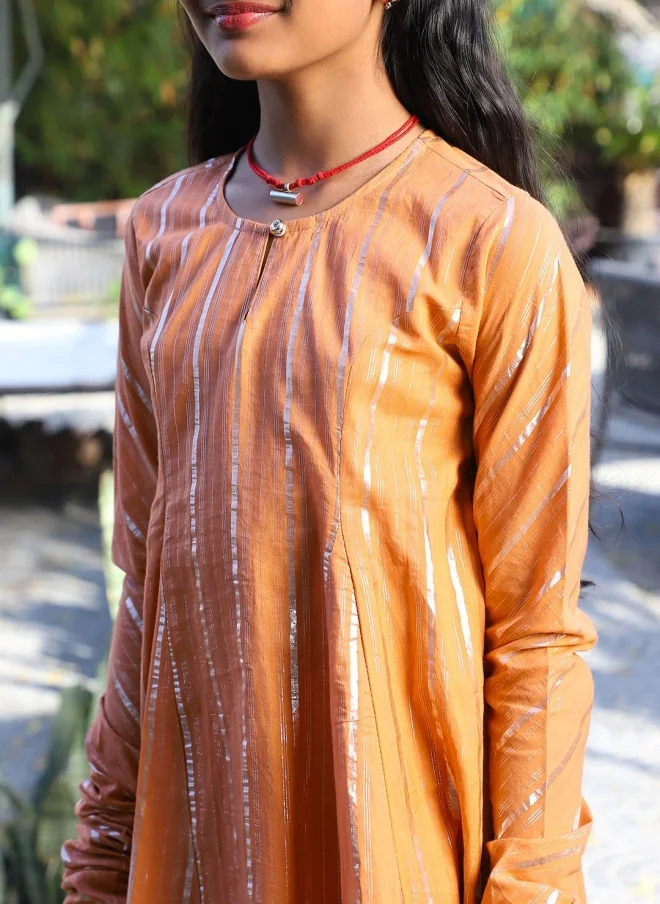 AKS Orange Striped Kurta Set for Girls