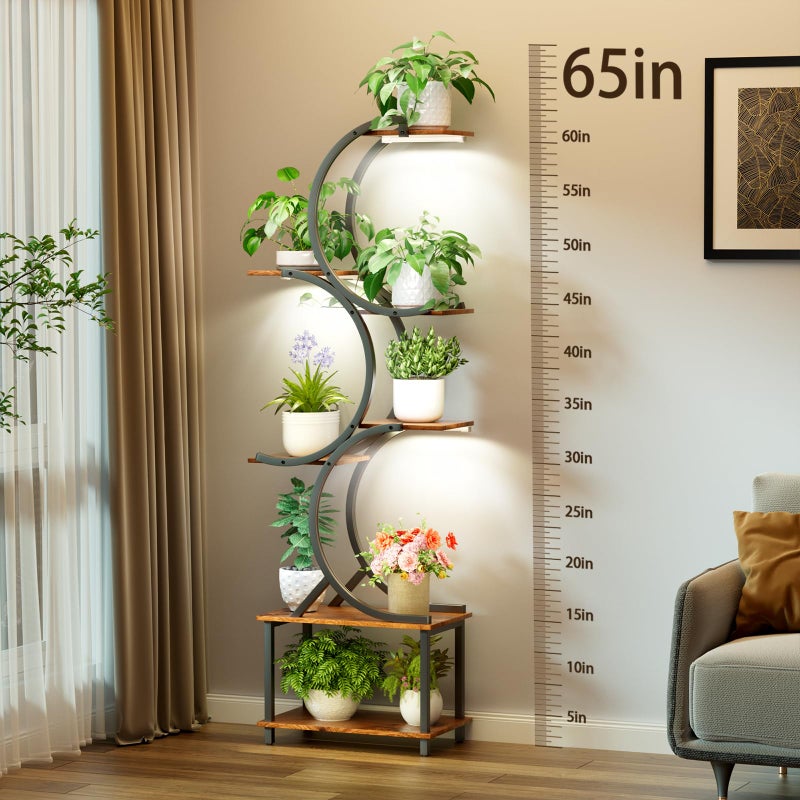 REFGY Plant Stand Indoor with Grow Lights, 65 inch Tall Plant Shelf for Multiple Plants, 7 Tiered Metal Plant Stands Indoor, for Living Room, Corners Patio Balcony or Office (Rustic Brown) - Image 1