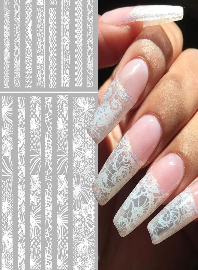 KASUWA Lace Nail Art Stickers 3D Self-adhesive Wedding Decal for Acrylic Nail - White Flower Lace Design for Women Manicure Decor - 6 Sheets - Image 1
