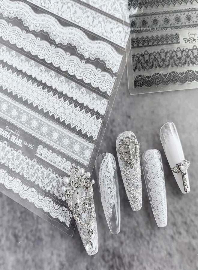 KASUWA Lace Nail Art Stickers 3D Self-adhesive Wedding Decal for Acrylic Nail - White Flower Lace Design for Women Manicure Decor - 6 Sheets - Image 2