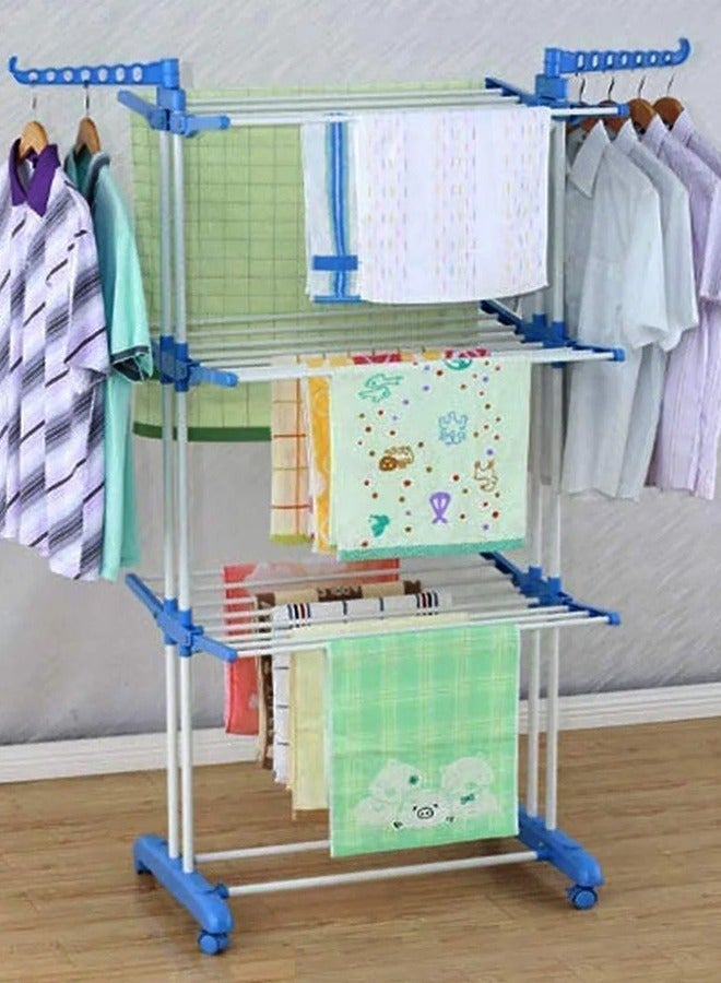 CATANES Clothes Drying Rack, Large 4-tier Collapsible Clothes Airer Indoor and Outdoor Retractable Garment Laundry Rack With Foldable Wings and Lockable Casters / Silver,Blue Colour - Image 1