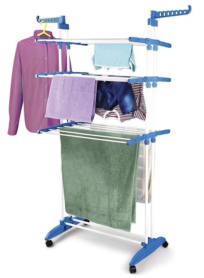 CATANES Clothes Drying Rack, Large 4-tier Collapsible Clothes Airer Indoor and Outdoor Retractable Garment Laundry Rack With Foldable Wings and Lockable Casters / Silver,Blue Colour - Image 2