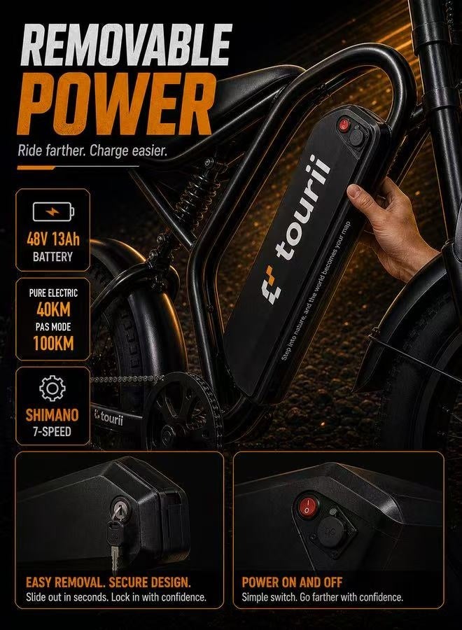 Tourii Electric Scooter | Electric Motorcycle | Electric Bicycle for Adults -Tourii K20 20*4.0 Inch Electric Motorcycle 750W Brushless Motor 48V 13Ah Lithium Battery 25Km/h Max Speed Dual Disc Brakes 7-Speed Gear - Image 4