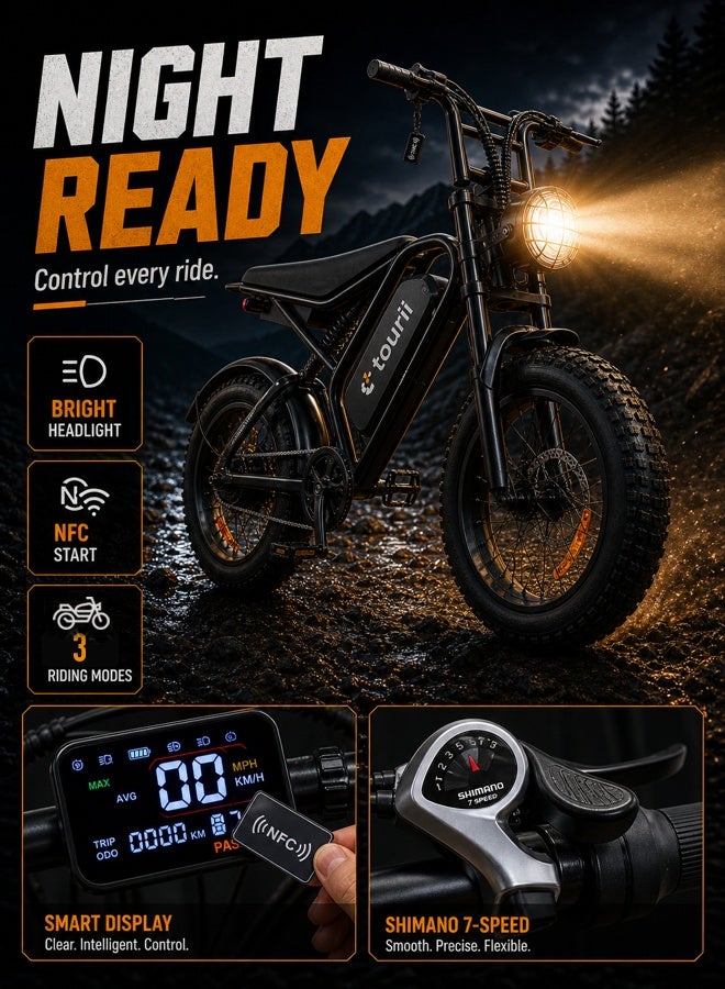 Tourii Electric Scooter | Electric Motorcycle | Electric Bicycle for Adults -Tourii K20 20*4.0 Inch Electric Motorcycle 750W Brushless Motor 48V 13Ah Lithium Battery 25Km/h Max Speed Dual Disc Brakes 7-Speed Gear - Image 3