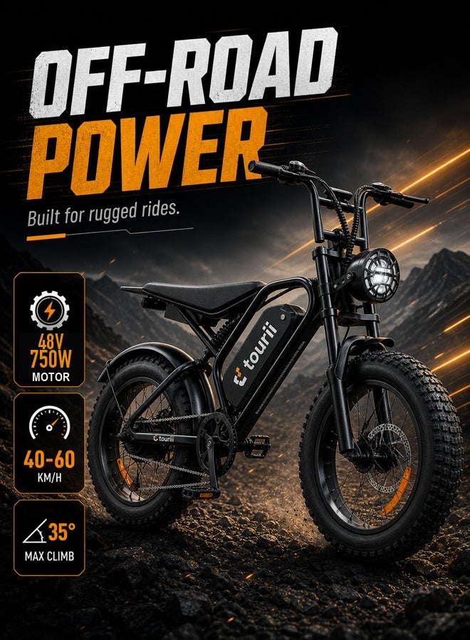 Tourii Electric Scooter | Electric Motorcycle | Electric Bicycle for Adults -Tourii K20 20*4.0 Inch Electric Motorcycle 750W Brushless Motor 48V 13Ah Lithium Battery 25Km/h Max Speed Dual Disc Brakes 7-Speed Gear - Image 1