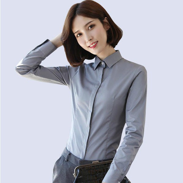 Hidden Button Shirt Womens Long-sleeved Professional Wear Korean-style Slim-fit Large Size Work Clothes Slim-fit Formalwear Non-ironing Pure White Cotton Shirt N2728 Gray - Image 1