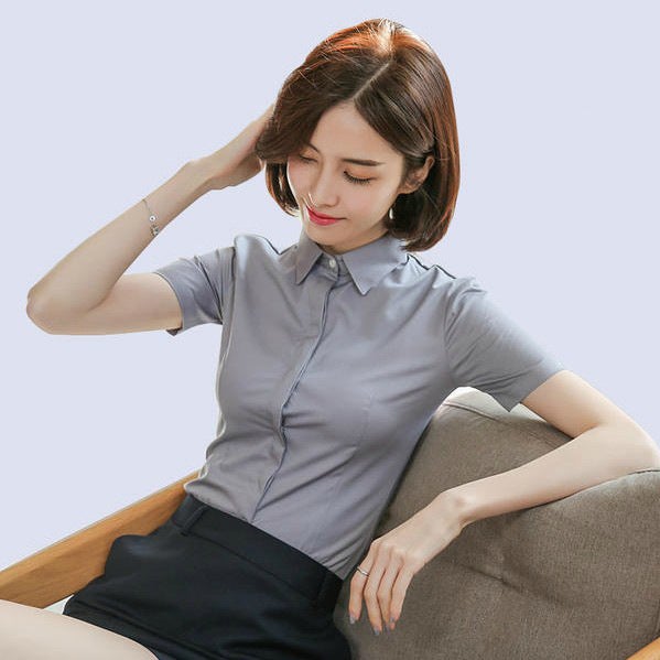Hidden Button Shirt Womens Long-sleeved Professional Wear Korean-style Slim-fit Large Size Work Clothes Slim-fit Formalwear Non-ironing Pure White Cotton Shirt N2728 Gray - Image 3