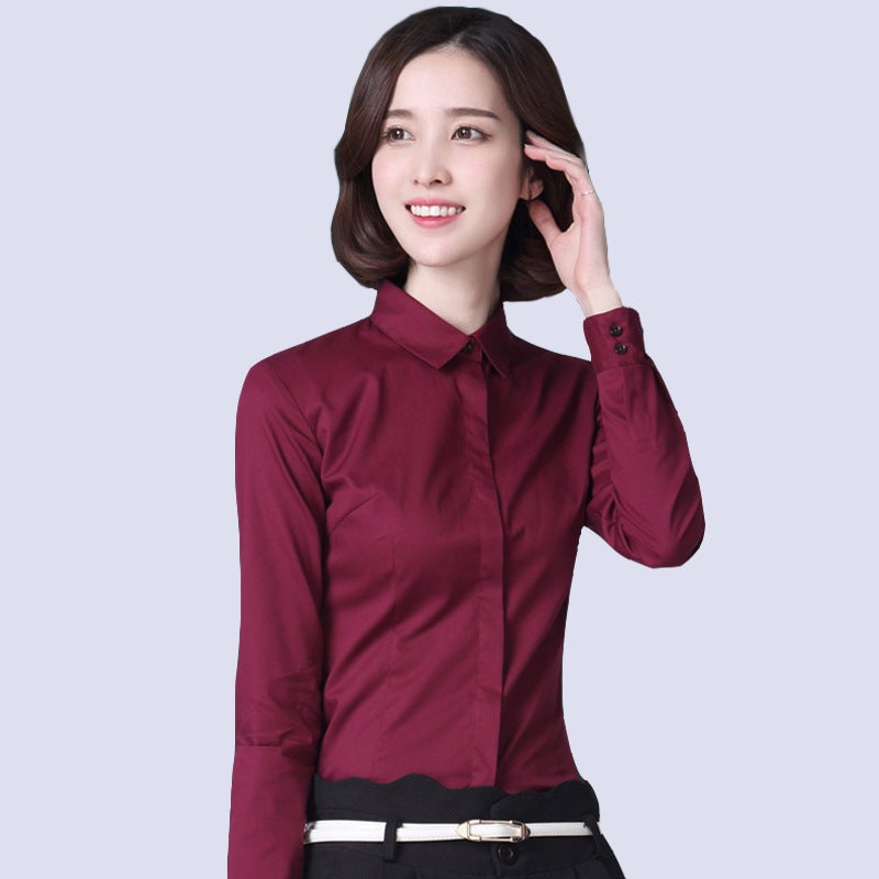 Hidden Button Shirt Womens Long-sleeved Professional Wear Korean-style Slim-fit Large Size Work Clothes Slim-fit Formalwear Non-ironing Pure White Cotton Shirt N2728 Gray - Image 5