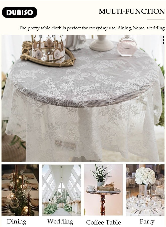 DUNISO Round Tablecloth White Lace Table Cloth , Washable Hollow Mesh Table Cover, Rectangular Vintage Lace Overlay, Floral Lace Table Cloths for Catering Events, Dinner Parties, Weddings Decorations 150*150cm  - Image 3