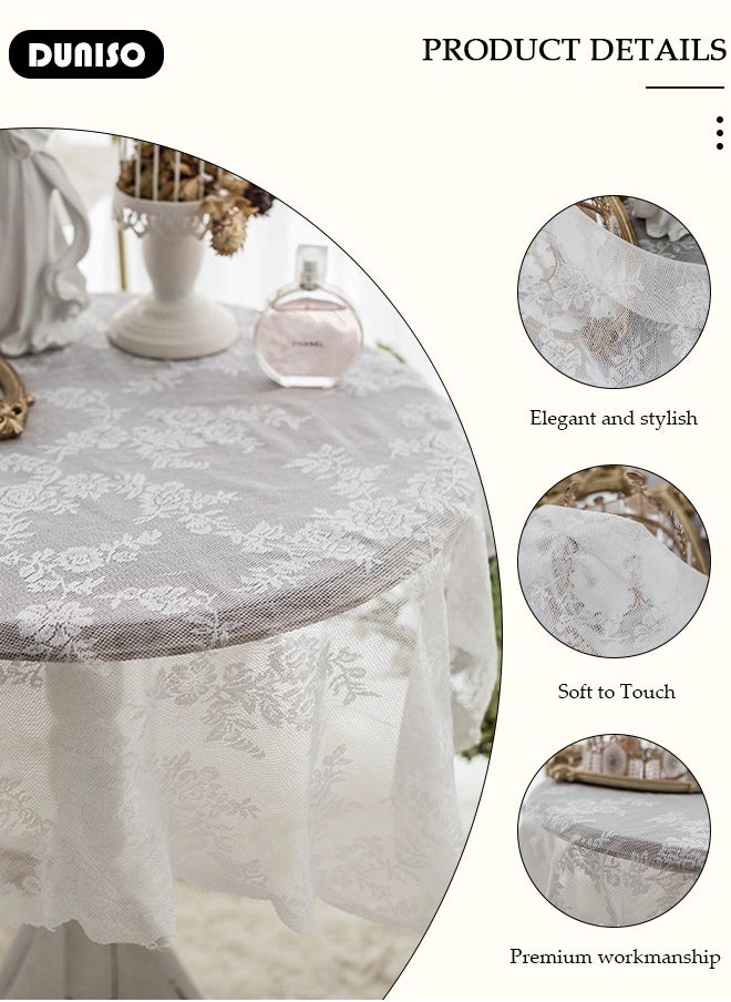 DUNISO Round Tablecloth White Lace Table Cloth , Washable Hollow Mesh Table Cover, Rectangular Vintage Lace Overlay, Floral Lace Table Cloths for Catering Events, Dinner Parties, Weddings Decorations 150*150cm  - Image 2