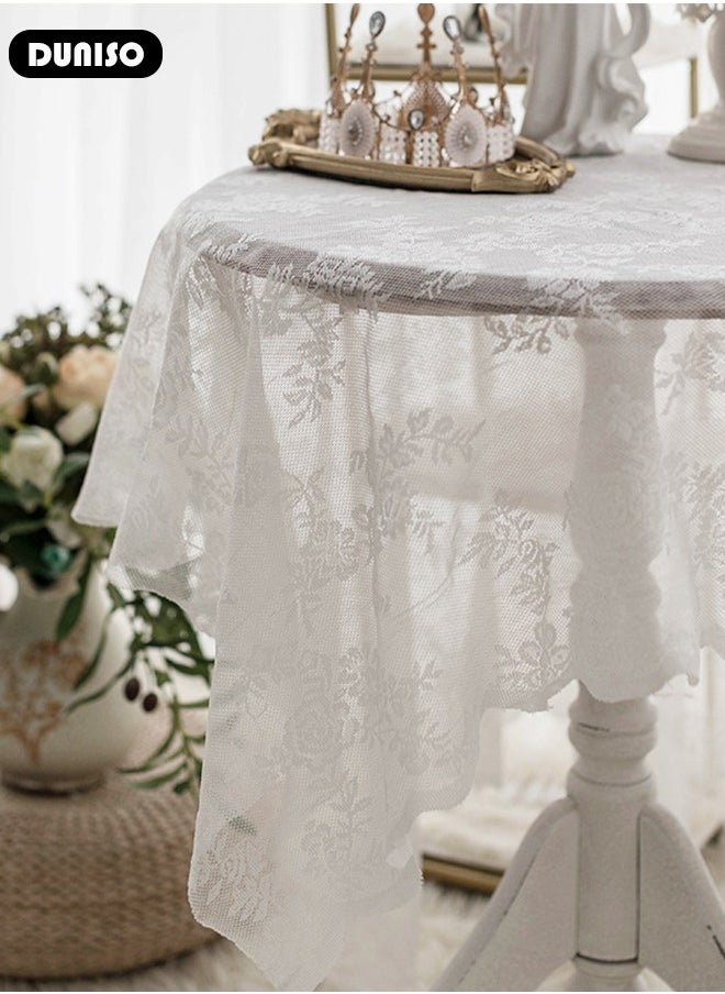 DUNISO Round Tablecloth White Lace Table Cloth , Washable Hollow Mesh Table Cover, Rectangular Vintage Lace Overlay, Floral Lace Table Cloths for Catering Events, Dinner Parties, Weddings Decorations 150*150cm  - Image 5