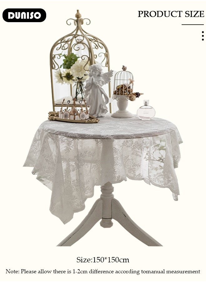 DUNISO Round Tablecloth White Lace Table Cloth , Washable Hollow Mesh Table Cover, Rectangular Vintage Lace Overlay, Floral Lace Table Cloths for Catering Events, Dinner Parties, Weddings Decorations 150*150cm  - Image 4